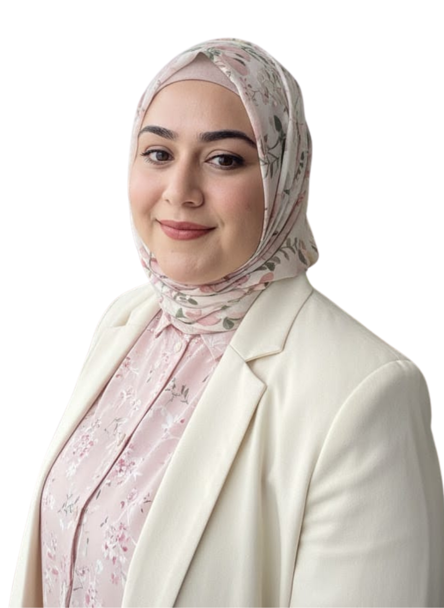 Zainab Farrukh, therapist, in a cream blazer and floral hijab
