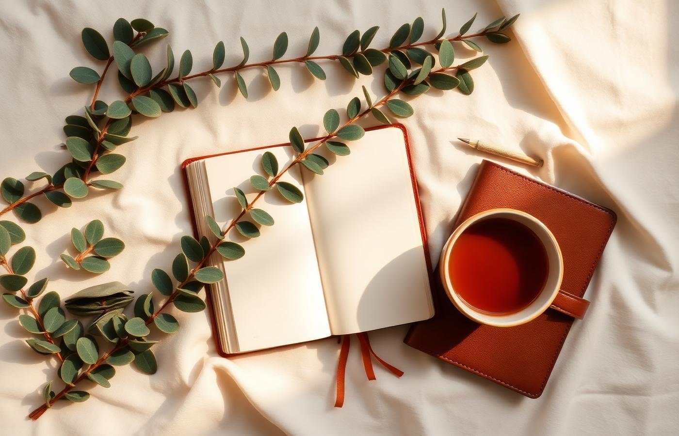 Overhead view of an open journal, a warm cup, and eucalyptus on cream linen