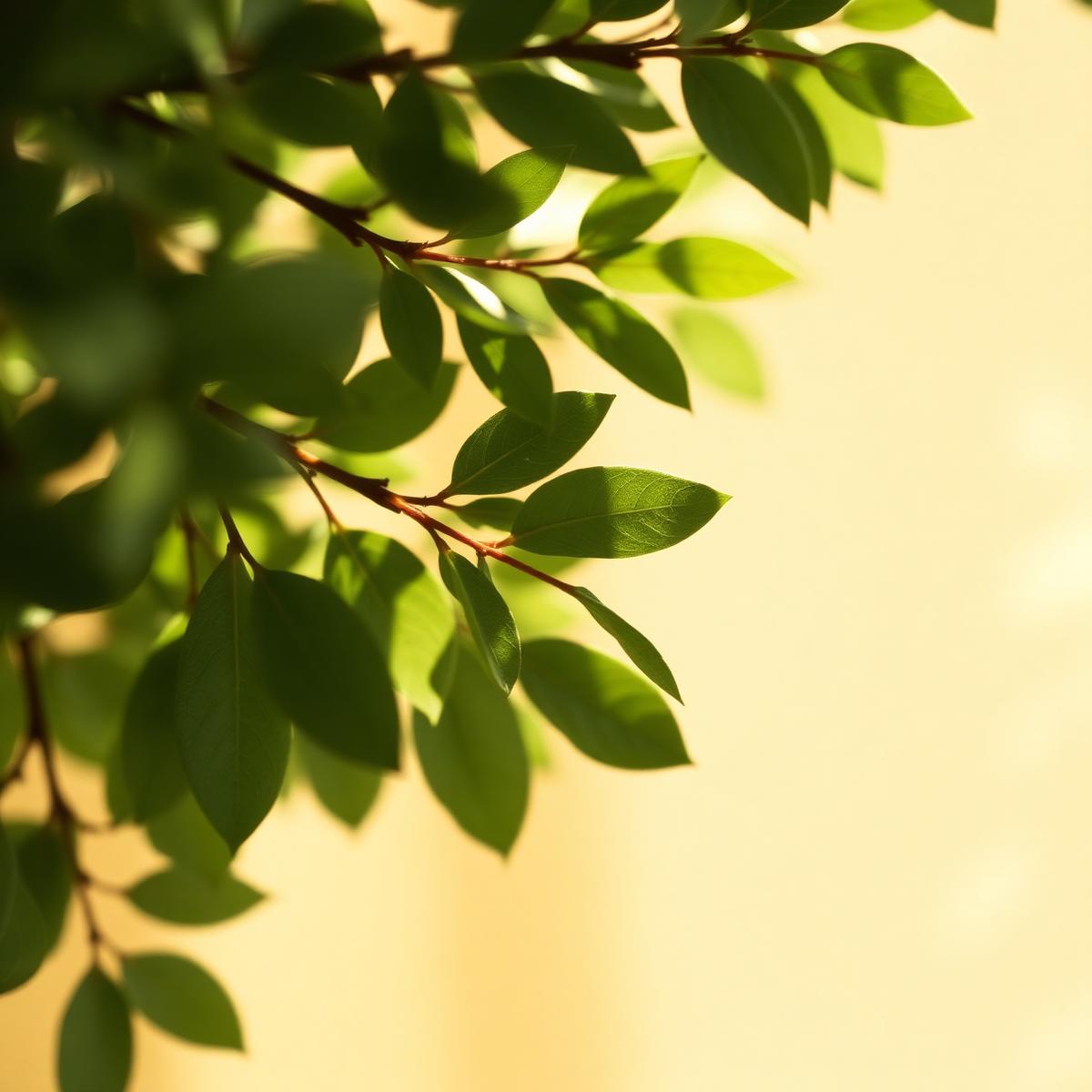 Sunlit green leaves against a warm cream background