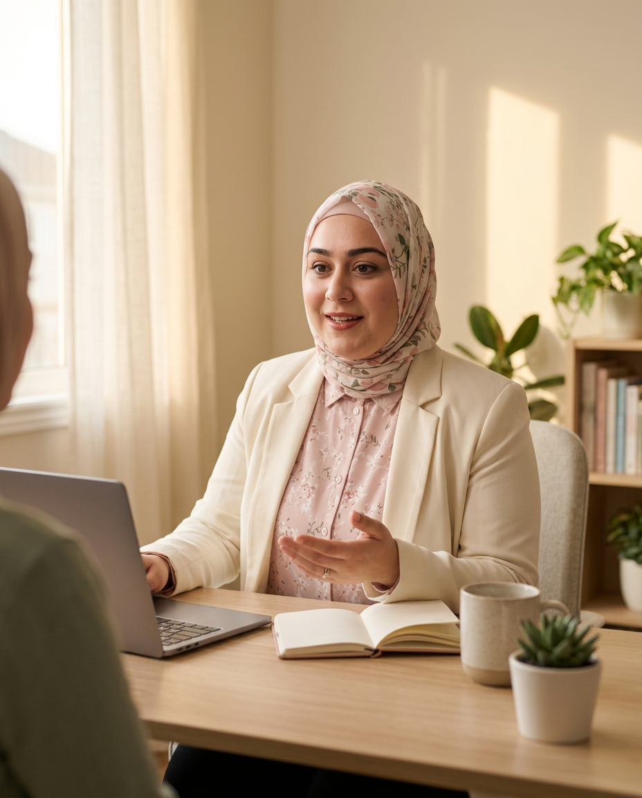 Zainab Farrukh, a therapist in a cream blazer and floral hijab, in conversation at her desk